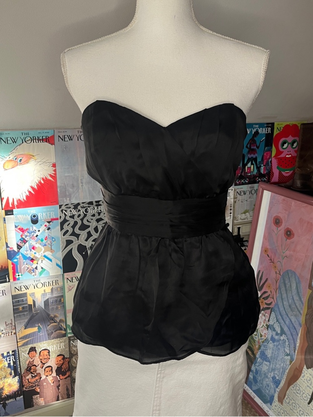 White House Black Market Black Silk Strapless Tulip Hem Bustier